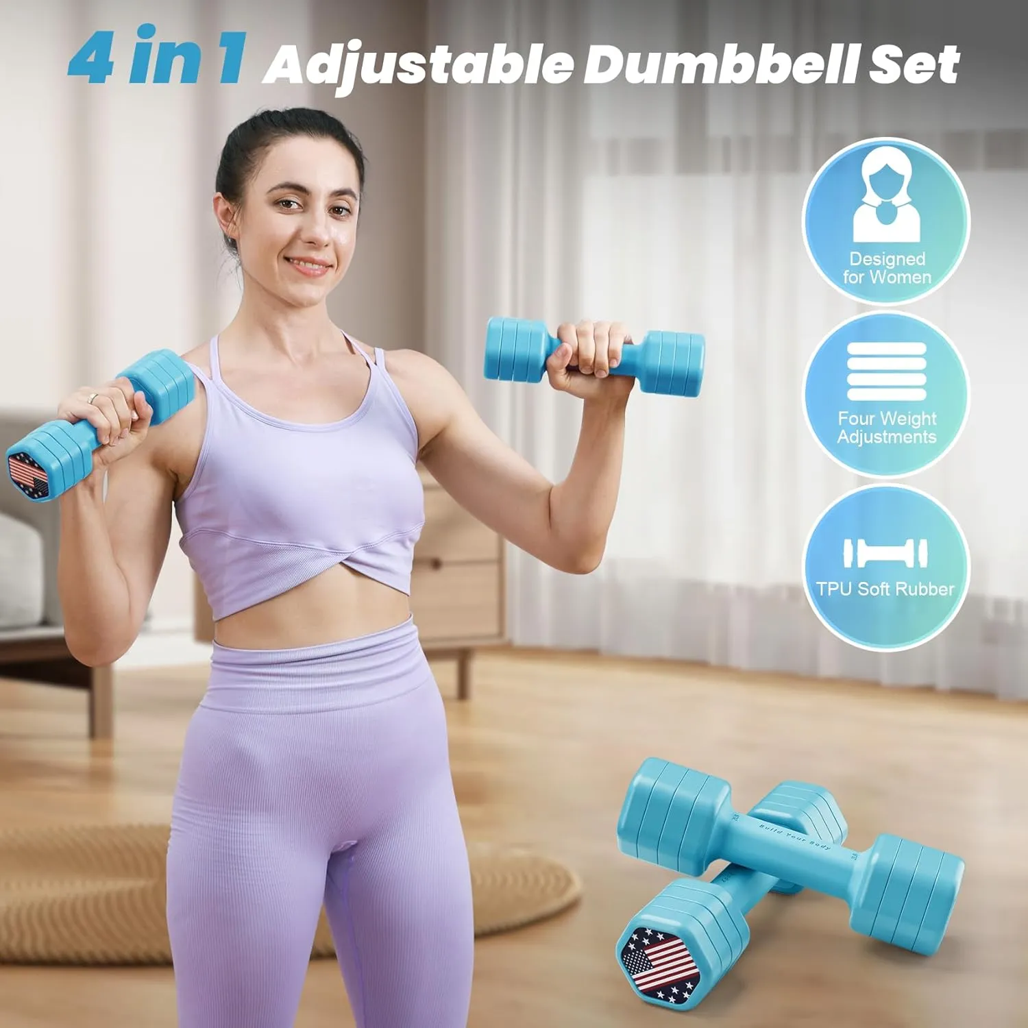 Adjustable Dumbbell Set of 2, 4 in 1 Hand Weights for Women at Home, 5 lb Weights Dumbbells set of 2, Each 2lb 3lb 4lb 5lb with TPU Soft Rubber Handle for Home Gym Exercise Training