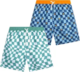 Boys Swim Trunks - 2 Pack Quick Dry Printed Boys Board Shorts Bathing Suit Kids Swimwear with Pockets (Size:8-18)