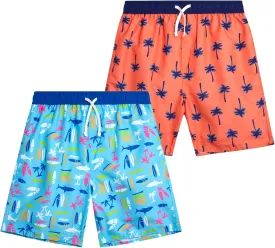 Boys Swim Trunks - 2 Pack Quick Dry Printed Boys Board Shorts Bathing Suit Kids Swimwear with Pockets (Size:8-18)