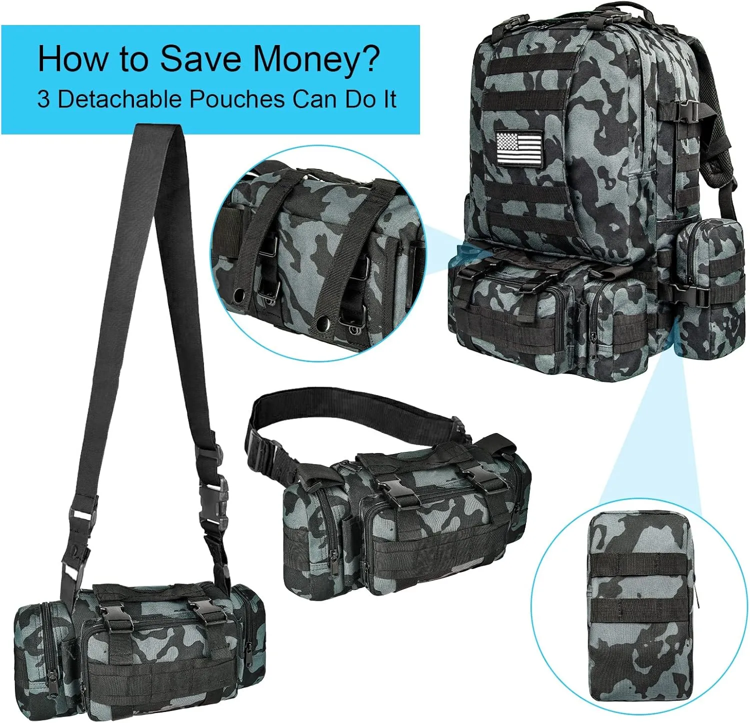 CVLIFE Tactical Backpack Military Army Rucksack 60L Large Assault Pack Detachable Molle Bag