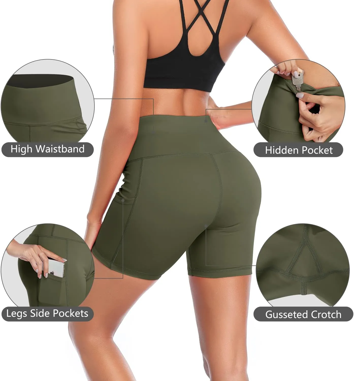 DAYOUNG Women Yoga Shorts High Waist Tummy Control Workout Biker Running Athletic Compression Short with Pockets