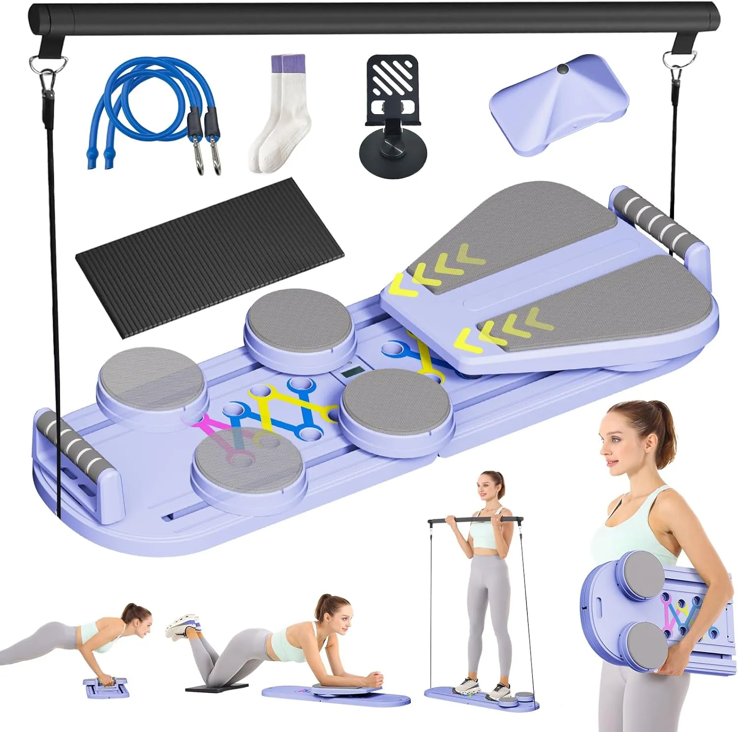 Foldable Pilates Reformer Set - Portable Pilates Board & Machine for Home Workout - Womens Pilates Equipment & Core Trainer