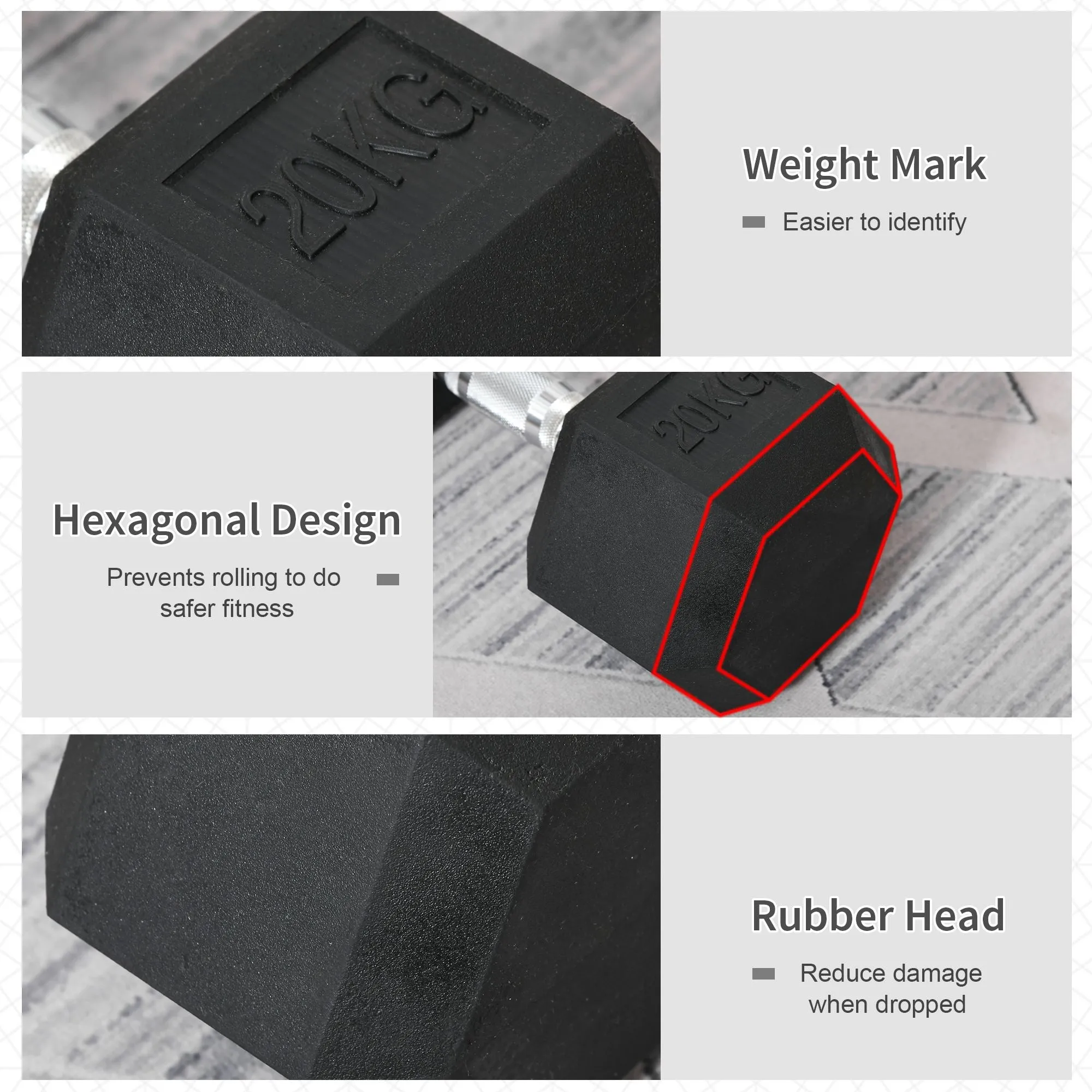 Homcom 20KG Single Rubber Hex Dumbbell Portable Hand Weights Dumbbell Home Gym