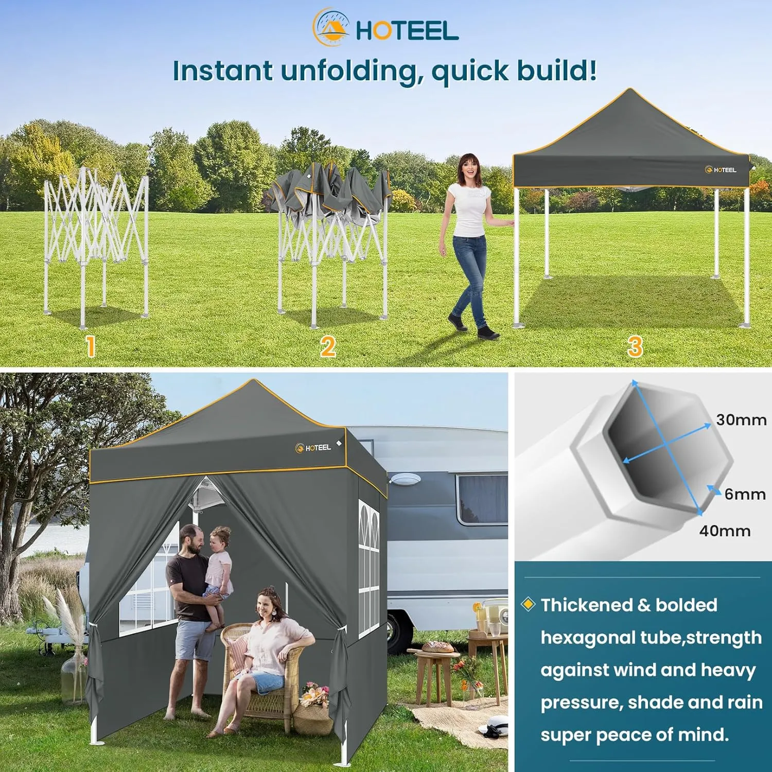 Hoteel 6.6 x 6.6 Pop up Canopy,Easy Up Heavy Duty Canopy with 4 Sidewalls,Upgrade Hexagonal Tube UPF50  1500mm Waterproof,Outdoor Canopy Tent with Carry Bag for Commercial Events,Beach,Camping,Grey