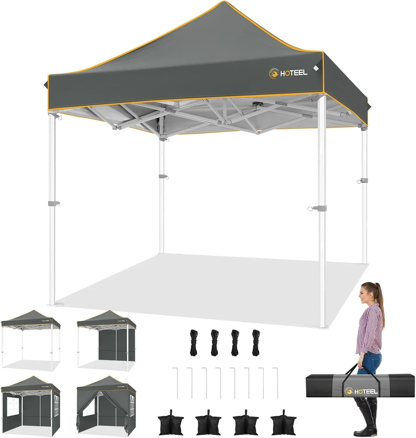 Hoteel 6.6 x 6.6 Pop up Canopy,Easy Up Heavy Duty Canopy with 4 Sidewalls,Upgrade Hexagonal Tube UPF50  1500mm Waterproof,Outdoor Canopy Tent with Carry Bag for Commercial Events,Beach,Camping,Grey