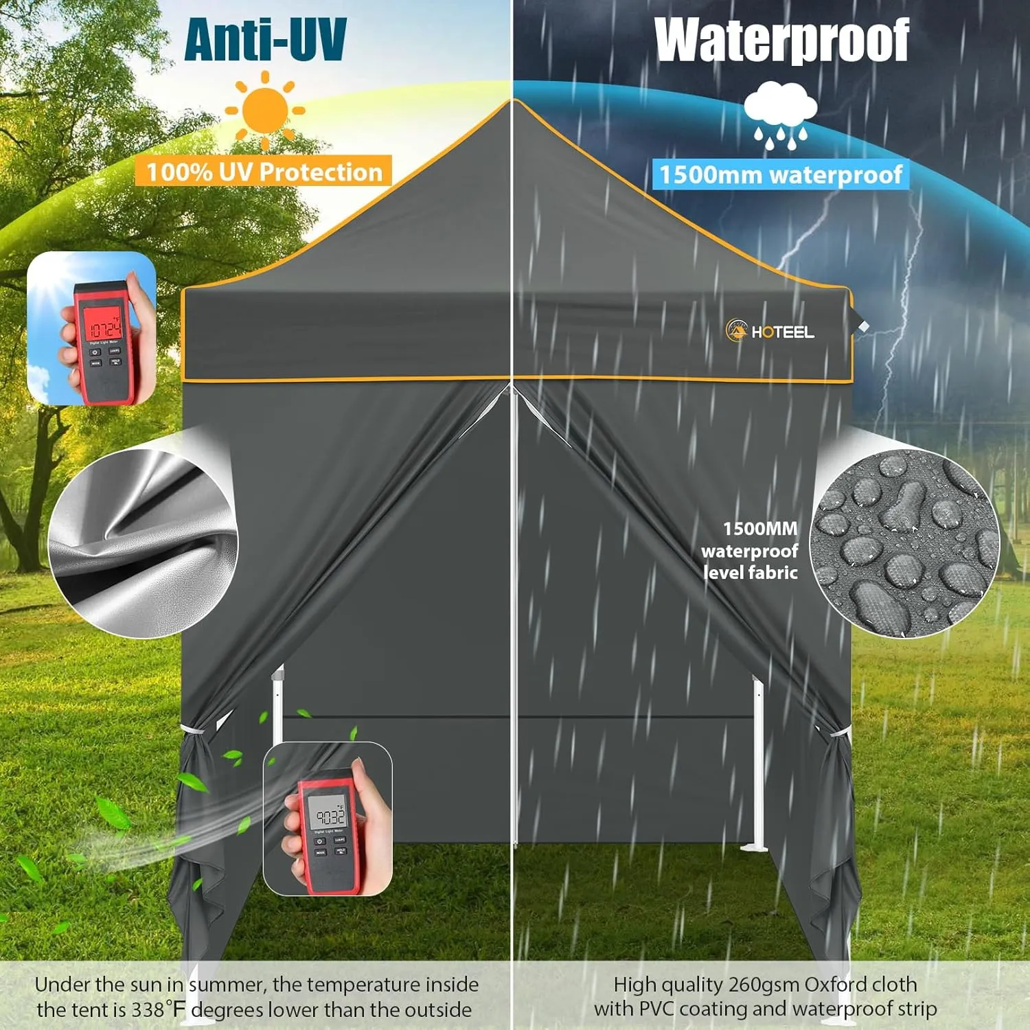 Hoteel 6.6 x 6.6 Pop up Canopy,Easy Up Heavy Duty Canopy with 4 Sidewalls,Upgrade Hexagonal Tube UPF50  1500mm Waterproof,Outdoor Canopy Tent with Carry Bag for Commercial Events,Beach,Camping,Grey