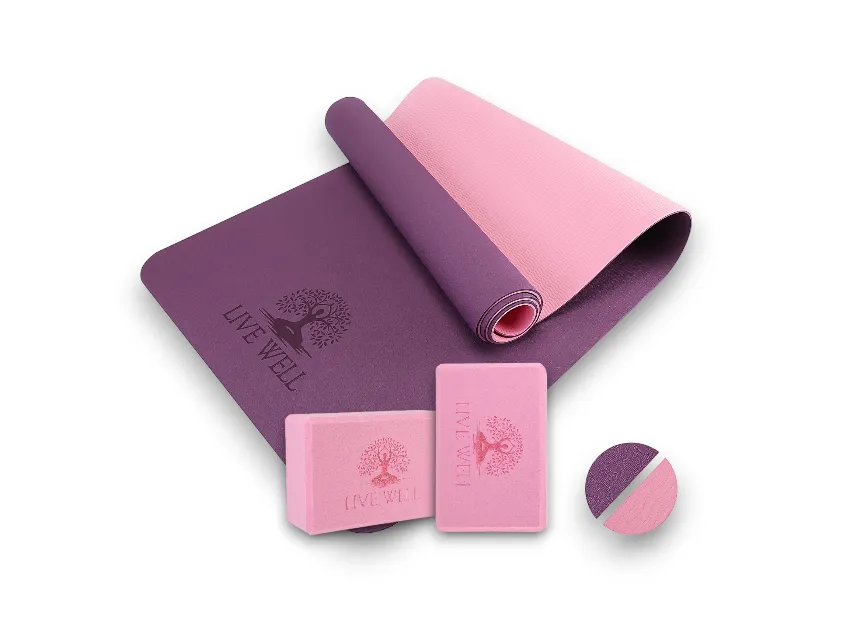 LIVE WELL Yoga Starter Kit - TPE Yoga Mat with Dual Color, and 2-Pack of Pink EVA Yoga Blocks