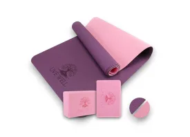 LIVE WELL Yoga Starter Kit - TPE Yoga Mat with Dual Color, and 2-Pack of Pink EVA Yoga Blocks