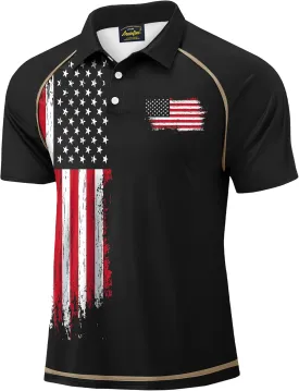 Mainfini Men's Short Sleeve Golf Shirt 1776 USA Flag Graphic Button Polo Shirt (S-3XL)
