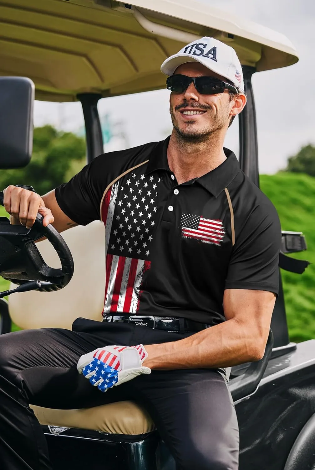 Mainfini Men's Short Sleeve Golf Shirt 1776 USA Flag Graphic Button Polo Shirt (S-3XL)