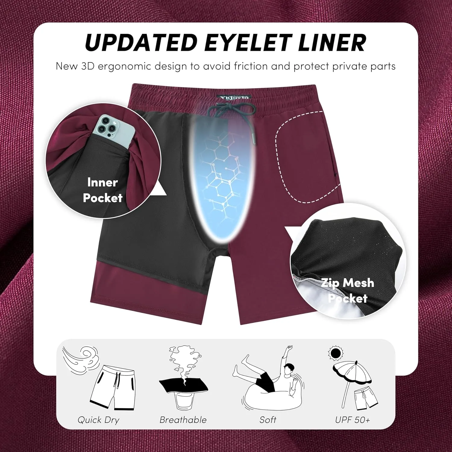 Men Swim Trunks with Compresssion Liner 7 Inch Inseam Board Shorts 2-in-1 Bathing Suit with Zipper Pockets