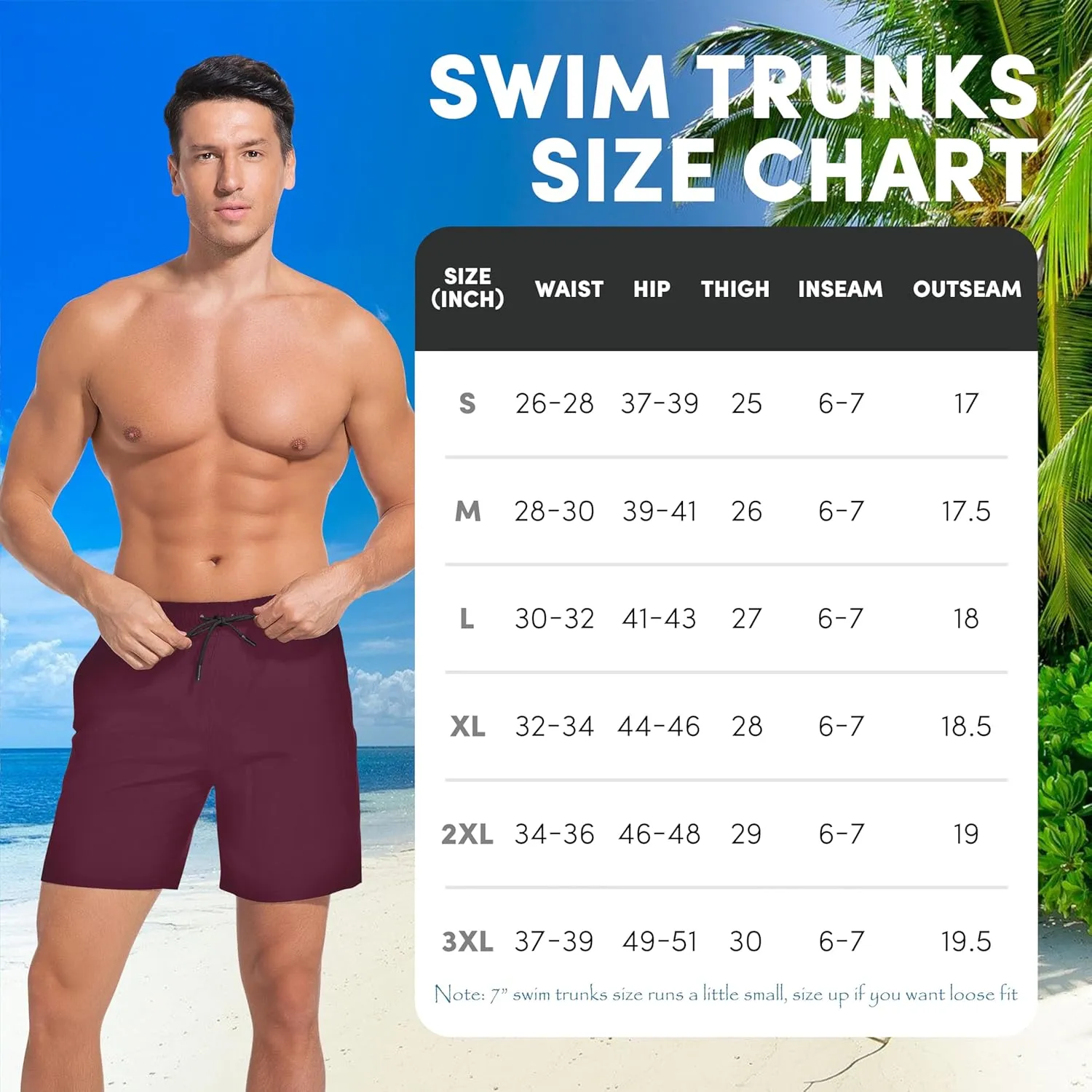 Men Swim Trunks with Compresssion Liner 7 Inch Inseam Board Shorts 2-in-1 Bathing Suit with Zipper Pockets