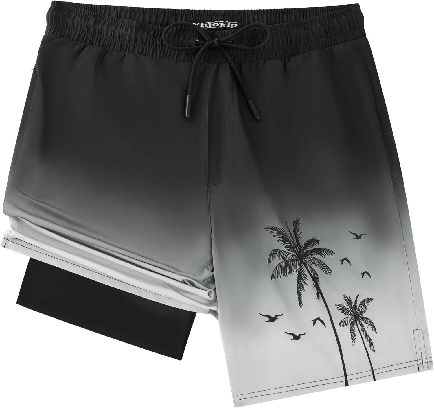 Men Swim Trunks with Compresssion Liner 7 Inch Inseam Board Shorts 2-in-1 Bathing Suit with Zipper Pockets