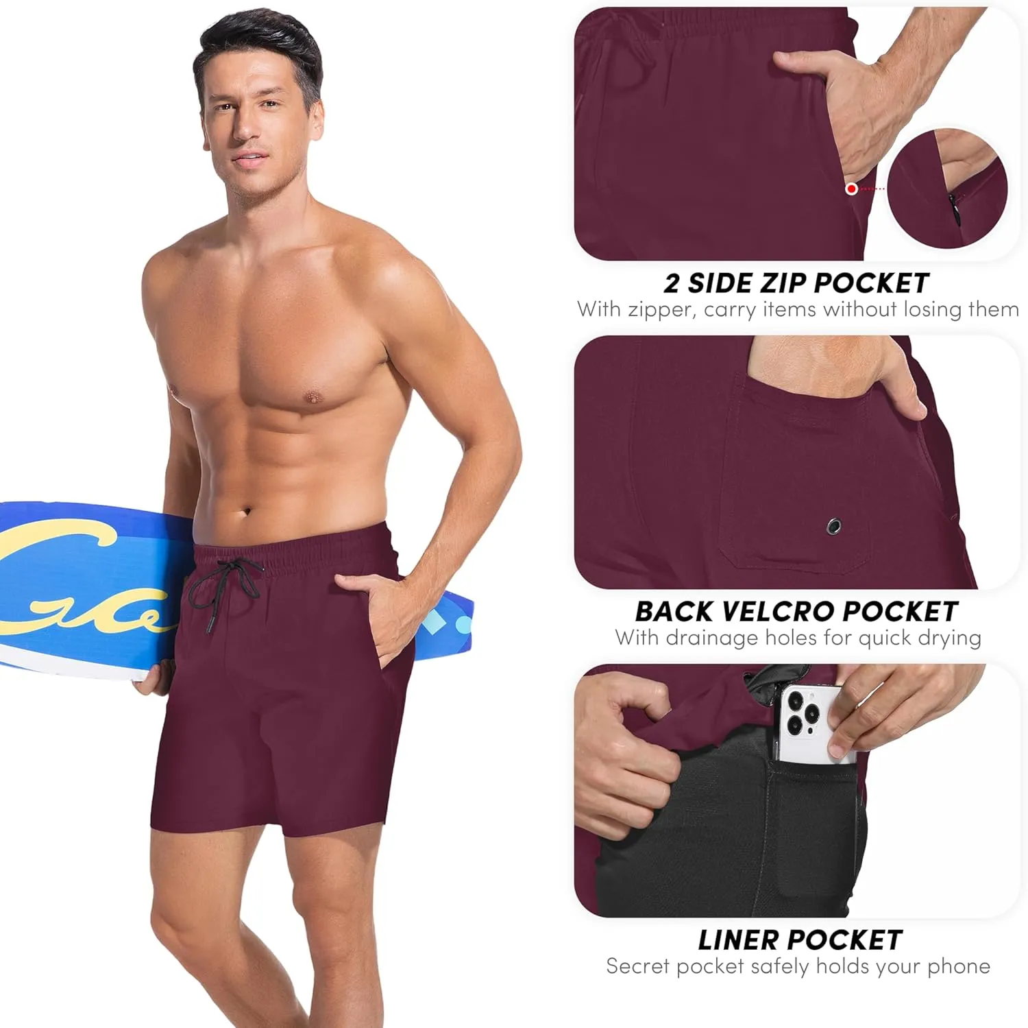 Men Swim Trunks with Compresssion Liner 7 Inch Inseam Board Shorts 2-in-1 Bathing Suit with Zipper Pockets