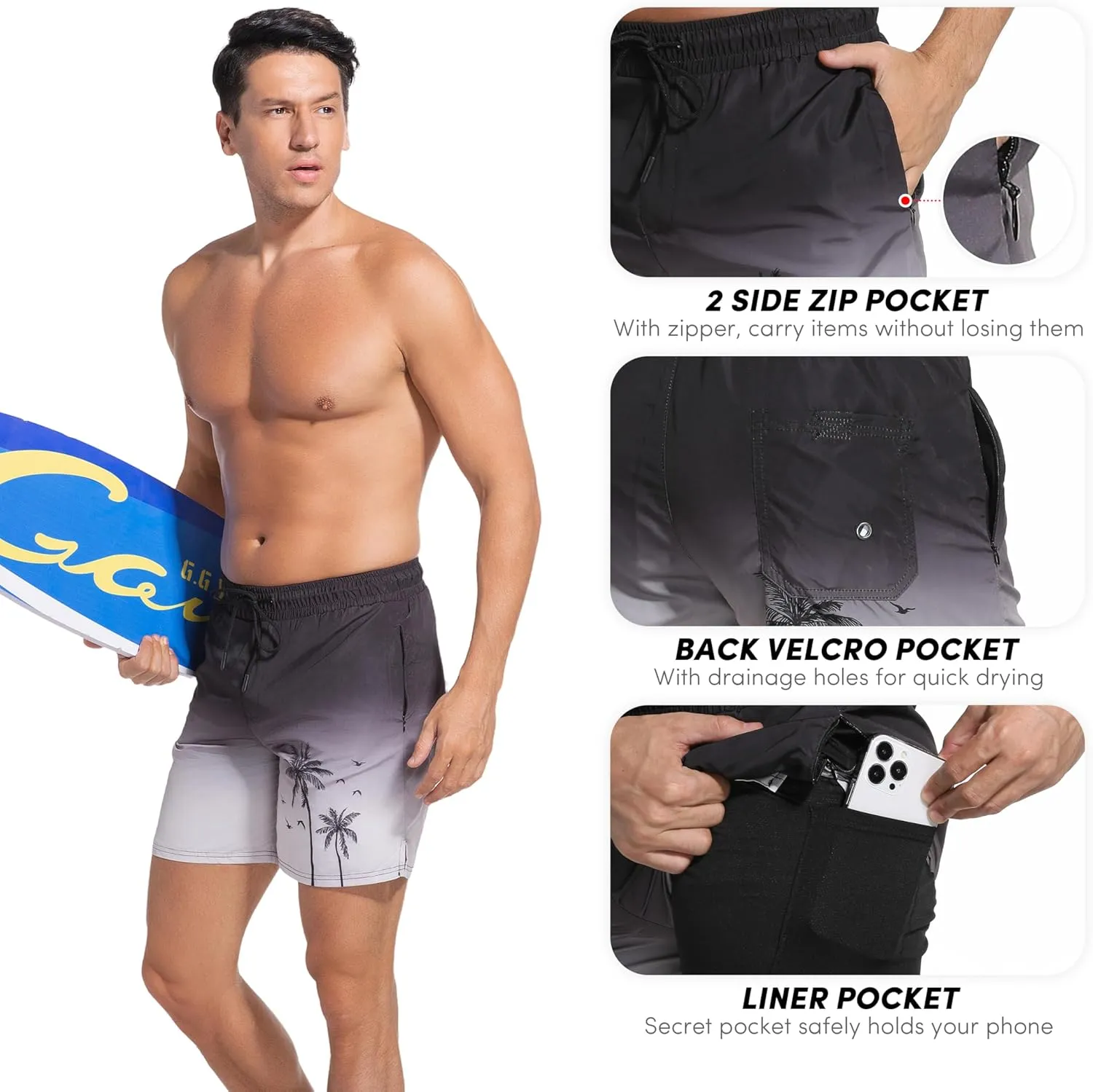 Men Swim Trunks with Compresssion Liner 7 Inch Inseam Board Shorts 2-in-1 Bathing Suit with Zipper Pockets