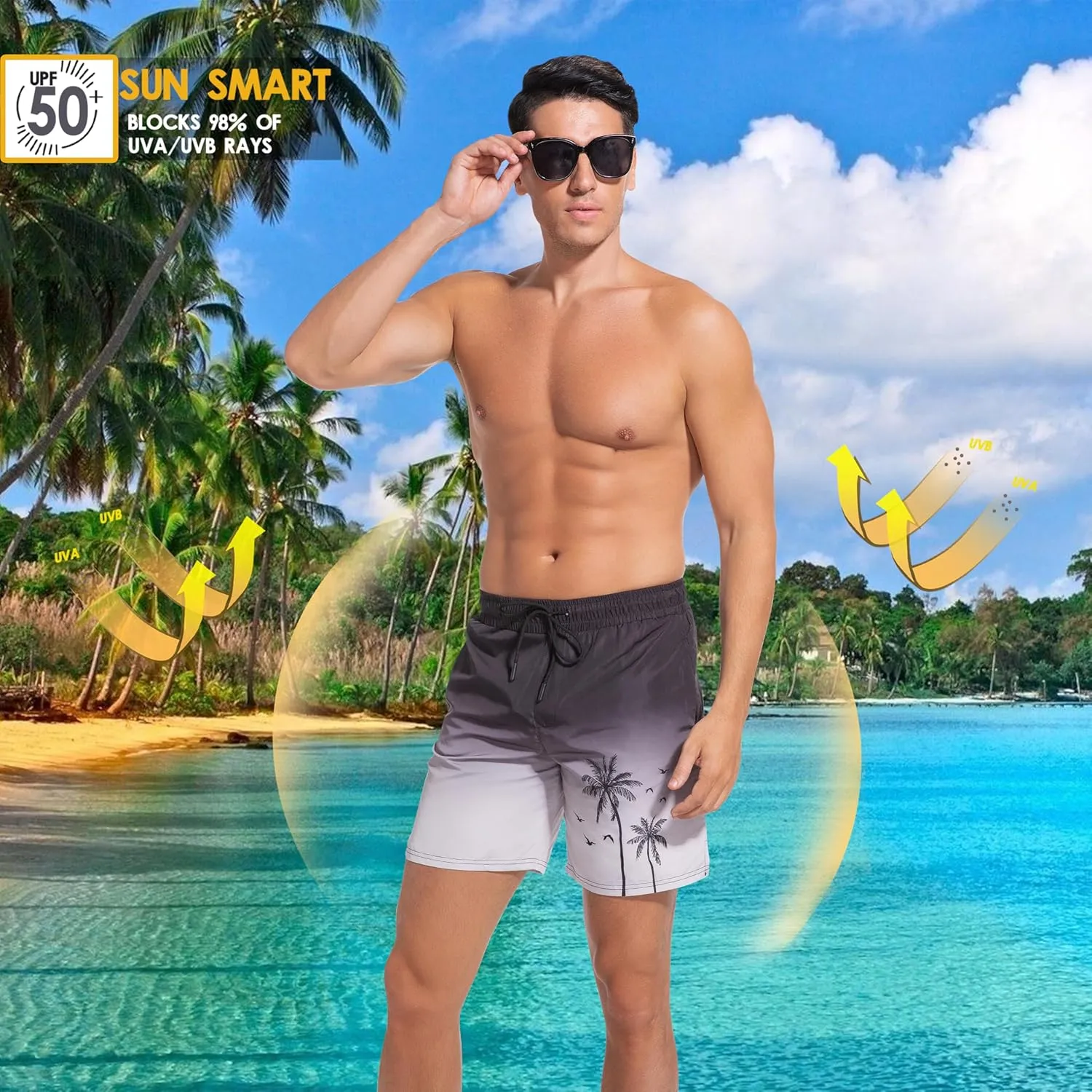 Men Swim Trunks with Compresssion Liner 7 Inch Inseam Board Shorts 2-in-1 Bathing Suit with Zipper Pockets