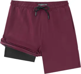 Men Swim Trunks with Compresssion Liner 7 Inch Inseam Board Shorts 2-in-1 Bathing Suit with Zipper Pockets