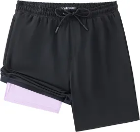 Men Swim Trunks with Compresssion Liner 7 Inch Inseam Board Shorts 2-in-1 Bathing Suit with Zipper Pockets