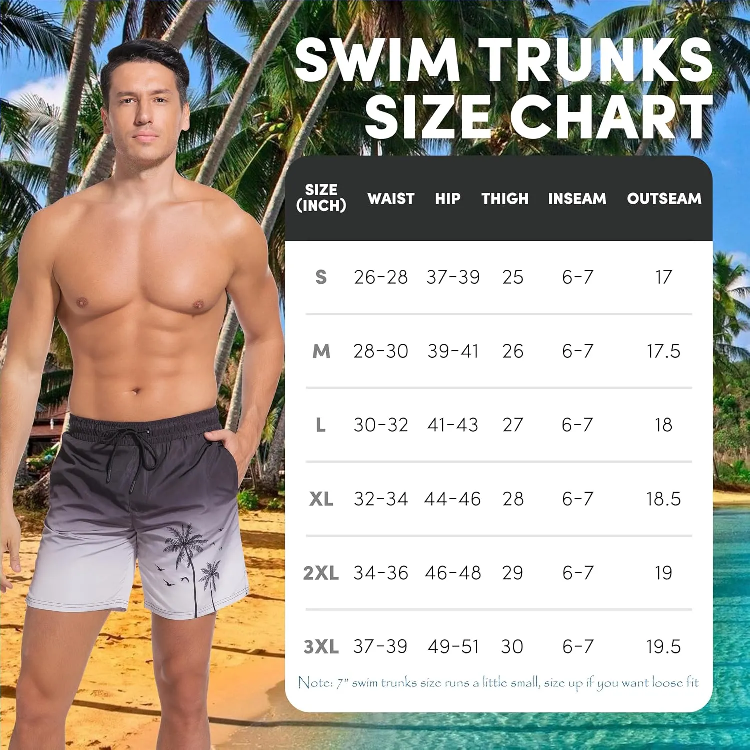 Men Swim Trunks with Compresssion Liner 7 Inch Inseam Board Shorts 2-in-1 Bathing Suit with Zipper Pockets