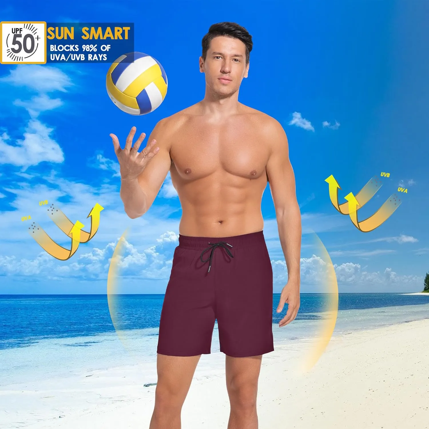 Men Swim Trunks with Compresssion Liner 7 Inch Inseam Board Shorts 2-in-1 Bathing Suit with Zipper Pockets