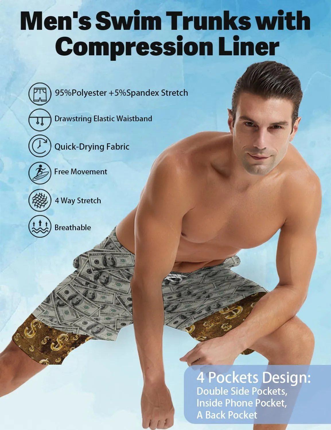 Mens Swim Trunks with Compression Liner 7" Bathing Suit Swimming Shorts Quick Dry Board Shorts Swimsuits with Pockets