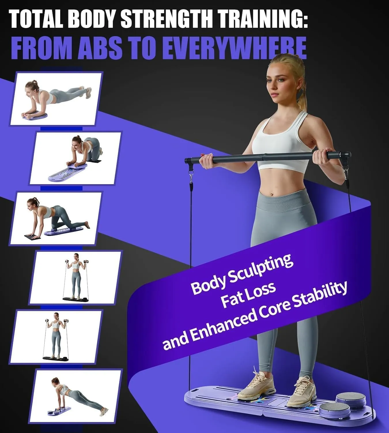 Pilates Board Set, 6-in-1 Home Workout Equipment, Portable Reformer for Core Strength, Full Body Training