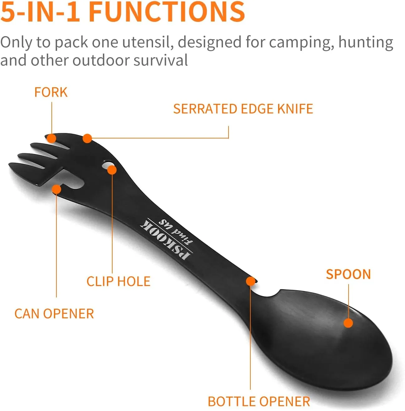 PSKOOK 5-in-1 Utility Tactical Spork, Stainless Steel Spoon & Bottle Opener, Fork & Knife, Can Opener Combo Camping Utensil for Hiking, Camping or Backpacking (Black)