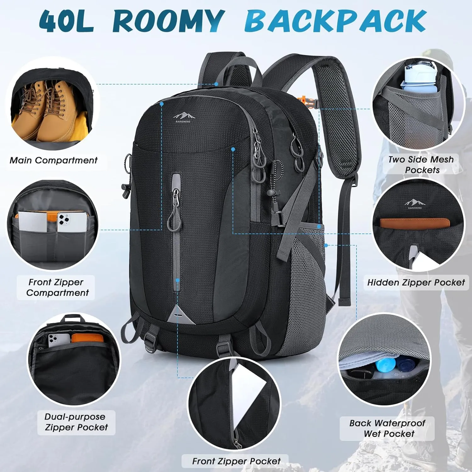 RAINSMORE Hiking Backpack 40L Lightweight Packable Camping Backpack Waterproof Travel Daypack Men Women Hiking Daypack