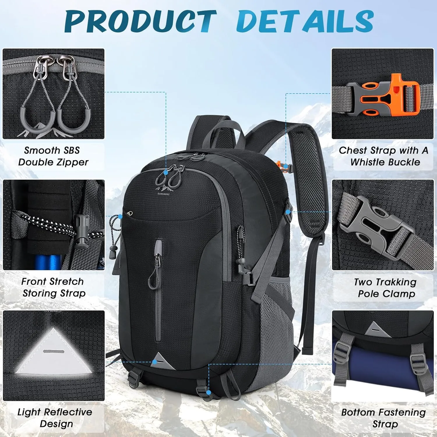 RAINSMORE Hiking Backpack 40L Lightweight Packable Camping Backpack Waterproof Travel Daypack Men Women Hiking Daypack