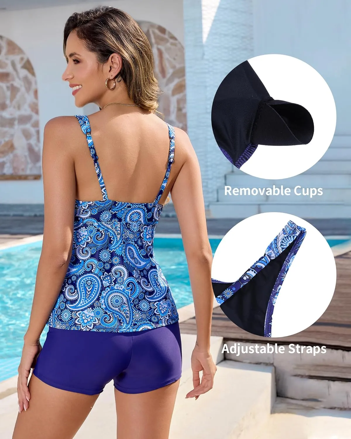 Tankini Swimsuits for Women Two Piece Tummy Control Swimsuit Top with Boyshort Modest Bathing Suit
