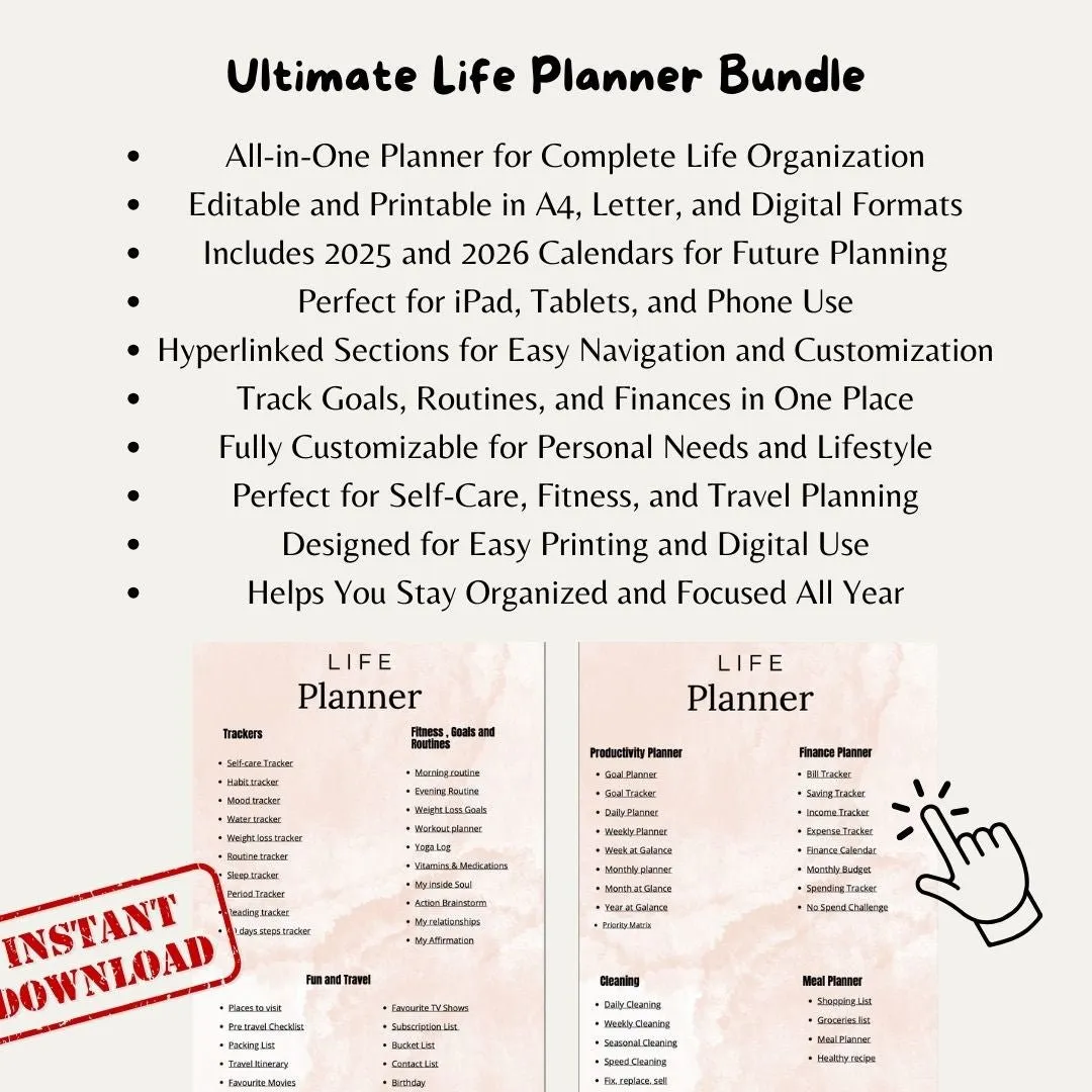 Ultimate Life Planner Bundle | Digital, Editable &amp; Printable | A4, Letter, iPad Compatible | Goals, Finance, Fitness, Self-Care, Travel &amp; More